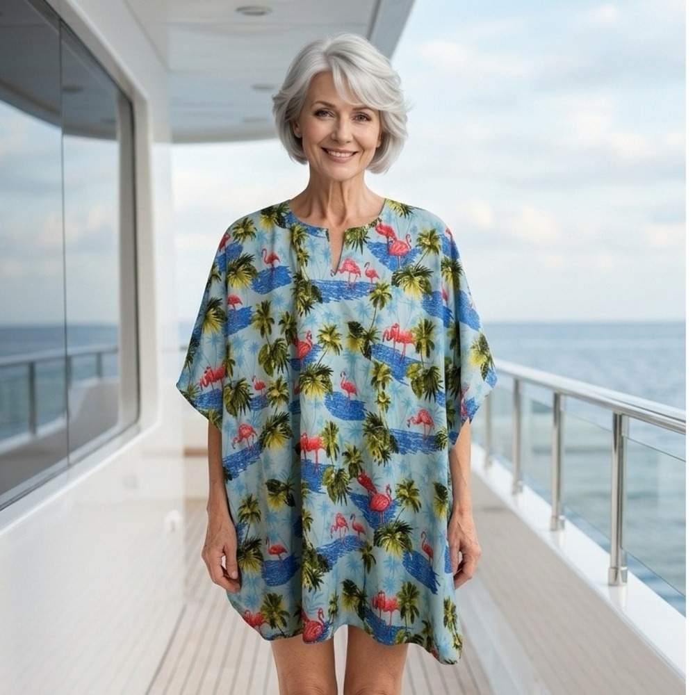 Rima Beachworld Flamingo Palm Tree Women OS Blue New Tropical Cover Up Kimono